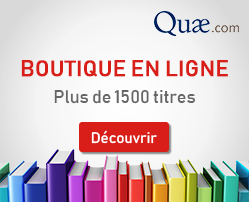 Le visuel met en avant le message 'Boutique en ligne - Plus de 1500 titres' avec un bouton rouge 'Découvrir' incitant à l'action.  Le fond est dégradé de gris clair, mettant en avant une rangée de livres colorés alignés en bas de l'image, allant du bleu, violet, rose, rouge, jaune, jusqu'au vert, symbolisant la diversité des ouvrages proposés. En haut à droite, le logo 'Quae.com' est clairement visible, renforçant l'identité de la marque.  Cette image vise à attirer l'attention sur l'offre étendue de la boutique en ligne et à encourager les visiteurs à explorer les différents titres disponibles.